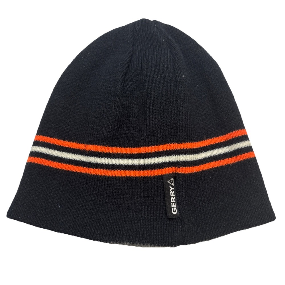 Gerry Mens Beanie Hat Navy Blue Orange White Striped Knit Skull Cap One‎ Size